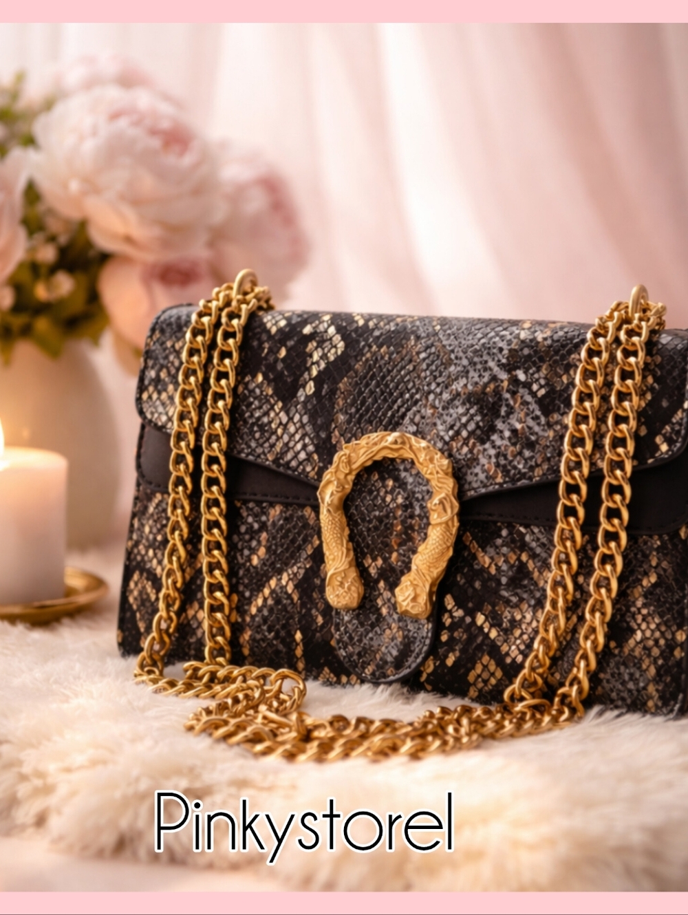 Designer-Inspired Black & Gold Snake Print Shoulder Bag